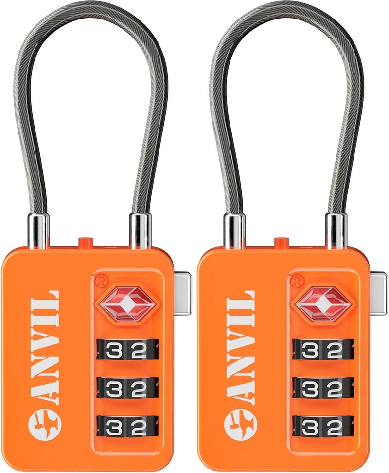 Anvil TSA Locks for Luggage with Search Alert: Durable Cable Combination Locks, TSA Approved - Secure Travel Locks for Suitcases, Backpacks & Gun Cases (2, Orange) - Image 1